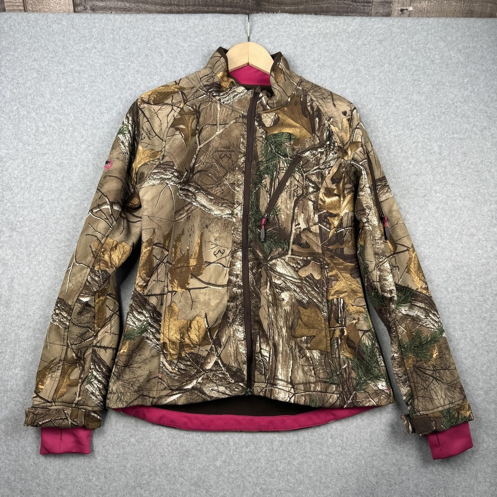 Realtree Softshell Jacket Womens Medium Camo Pink Full Zip Fleece Lined Outdoor